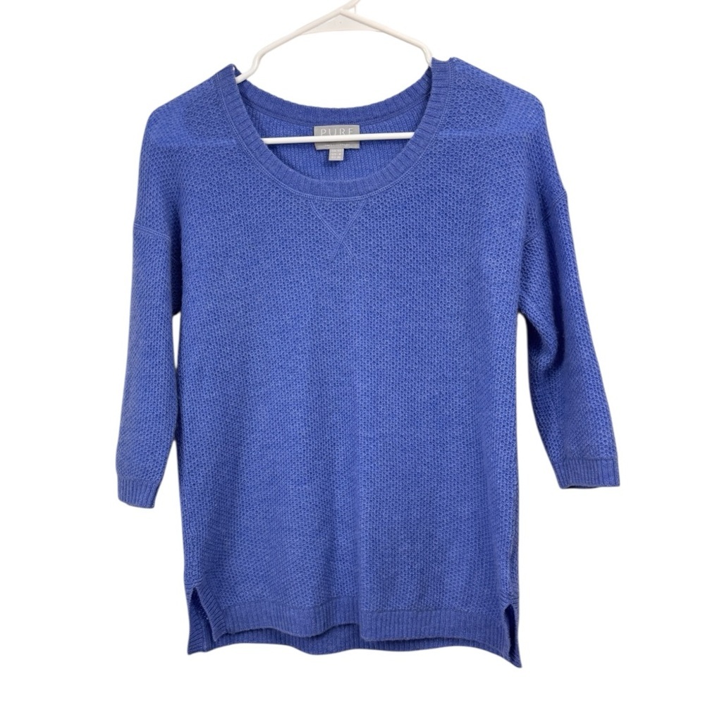 Pure Collection Size 4 Blue 100% Cashmere 3/4 Sleeve Textured Knit Sweater